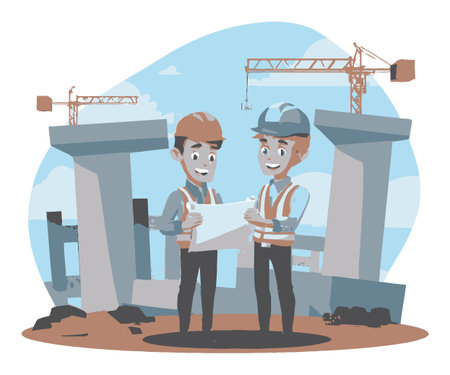 Two cheerful construction workers examine blueprints in a cartoon style at a dynamic construction site, showcasing teamwork and professionalism in a vibrant vector illustration.のイラスト素材