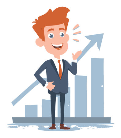 This cartoon illustration features a cheerful businessman in a suit, gesturing with enthusiasm as an upward arrow symbolizes growth and success in finance.のイラスト素材
