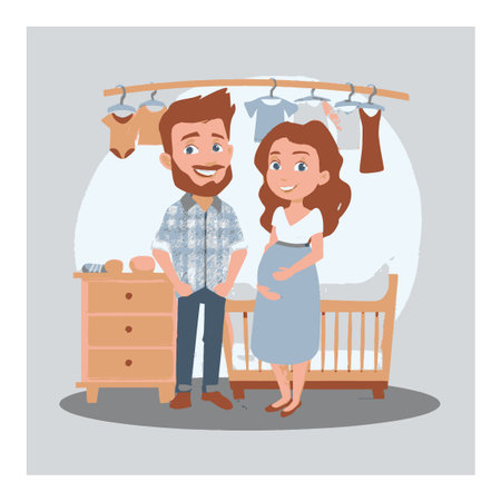 This charming cartoon vector illustration showcases a happy couple eagerly expecting a baby, set in a cozy nursery scene filled with joy.のイラスト素材