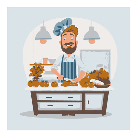 A cheerful cartoon chef stands in a modern kitchen, chopping fresh vegetables. Bright colors and playful design capture a vibrant culinary scene perfect for cooking themes.のイラスト素材