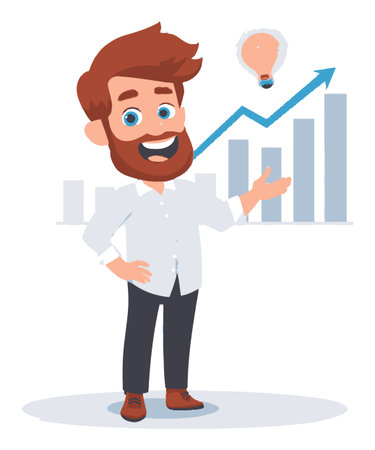 A cheerful cartoon businessman presenting a growing graph with a light bulb, symbolizing creativity and innovation. Ideal for presentations and marketing materials.のイラスト素材