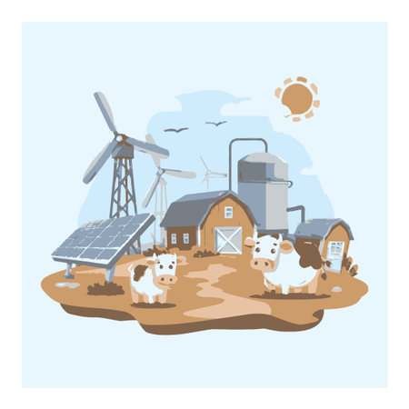 This cartoon vector illustration showcases a sustainable farm scene featuring cows, solar panels, and wind turbines. Ideal for eco-friendly projects.のイラスト素材