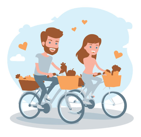 This vibrant cartoon illustration features a happy couple riding bicycles with groceries, capturing a joyful outdoor lifestyle. Perfect for health and wellness themes.のイラスト素材