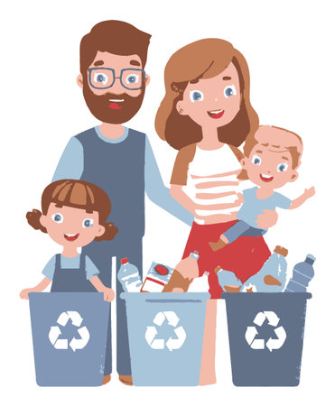 This charming cartoon illustration showcases a happy family engaging in recycling activities. Parents and children work together with colorful bins, promoting eco-friendly habits.のイラスト素材