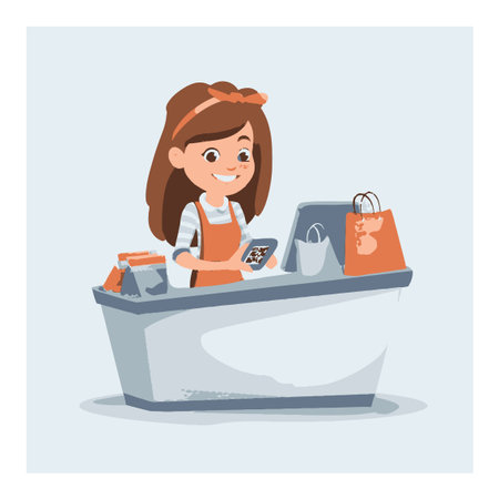A cheerful cartoon shopkeeper stands at a retail counter, engaging customers with joy. She holds a phone while surrounded by shopping bags and merchandise.のイラスト素材