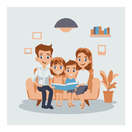 A cheerful family sits together in a cozy living room, enjoying a storytime session. This delightful cartoon vector captures the warmth and joy of family bonding.のイラスト素材