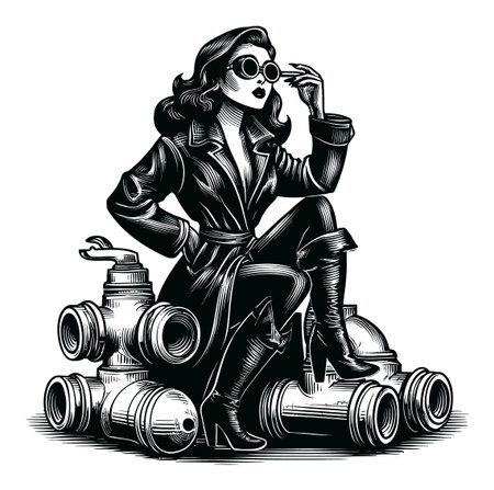 A striking illustration of a stylish woman in sunglasses, sitting confidently on fire hydrants. This vintage-inspired artwork captures urban fashion and bold attitude.のイラスト素材