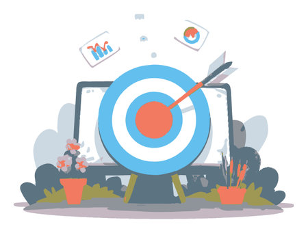 Creative vector illustration depicting a target with an arrow hitting the bullseye, surrounded by charts and flowers; symbolizes success and data-driven strategies in business.のイラスト素材
