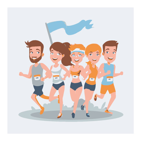 A lively cartoon illustration of happy characters participating in a fun race. They display energy and enthusiasm as they run together under a waving flag.のイラスト素材