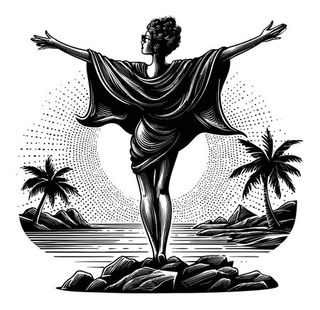 This vector illustration captures an elegant woman with outstretched arms, embracing nature. Surrounded by palm trees and an ocean backdrop, it evokes serenity and freedom.のイラスト素材