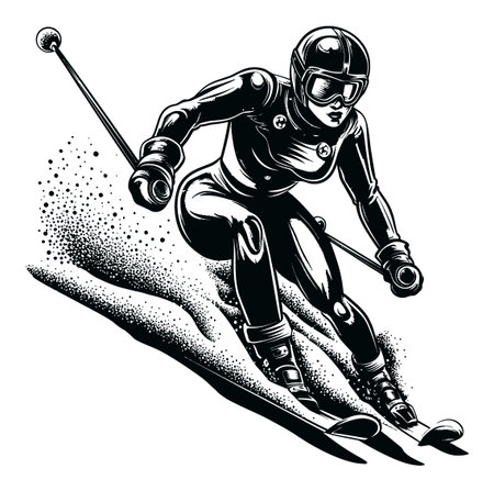 This hand-drawn vector illustration features a female skier in action, embodying the thrill and elegance of winter sports. Perfect for sports-themed designs.のイラスト素材