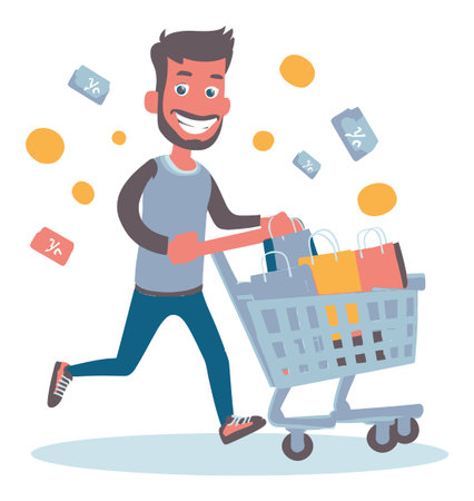 Colorful cartoon illustration of a happy man pushing a shopping cart filled with bags. The character conveys excitement and joy while enjoying a shopping experience.のイラスト素材