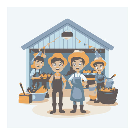 A lively cartoon scene featuring cheerful farmers engaged in farming activities, showcasing a bright farm environment with vegetables, tools, and camaraderie.のイラスト素材