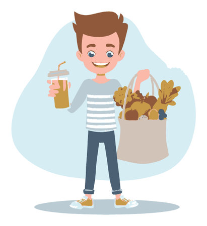 A cheerful cartoon character with light brown hair holds a shopping bag filled with groceries and a beverage, showcasing a joyful shopping experience.のイラスト素材