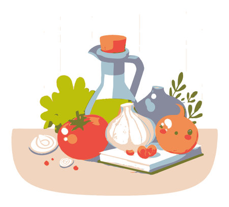 Bright and colorful cartoon illustration featuring fresh vegetables and cooking ingredients on a table. Perfect for culinary themes and healthy cooking.のイラスト素材