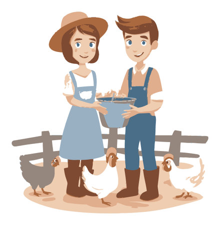 Charming cartoon illustration of a farming couple with a bucket, surrounded by friendly animals. Ideal for projects related to agriculture, family, and rural life.のイラスト素材
