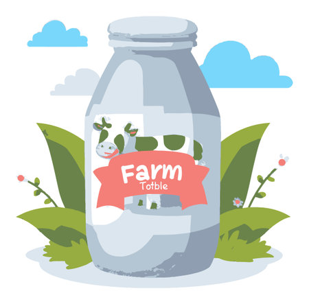 This cartoon-style vector illustration features a milk bottle set in a farm theme, surrounded by lush greenery and clouds, perfect for agricultural projects.のイラスト素材