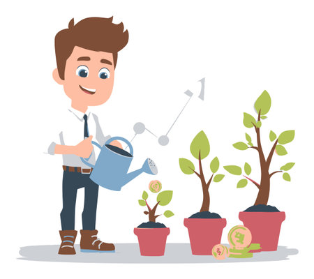 Cheerful cartoon character watering young plants in pots, symbolizing growth and investment. A vibrant illustration featuring nurturing and care for nature, ideal for eco-friendly themes.のイラスト素材