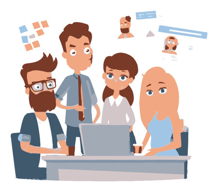 A vibrant cartoon illustration showing a diverse team of four characters collaborating in a modern office setting using technology for creative ideas.のイラスト素材
