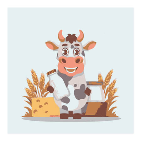 Cheerful cartoon cow holding a milk bottle, surrounded by cheese and wheat, captures the essence of farm life. Perfect for dairy-themed projects.のイラスト素材