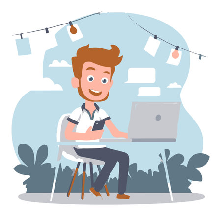 A cheerful young man works at his laptop in a modern cartoon-style home office, enjoying a convenient workspace filled with vibrant colors and cozy elements.のイラスト素材