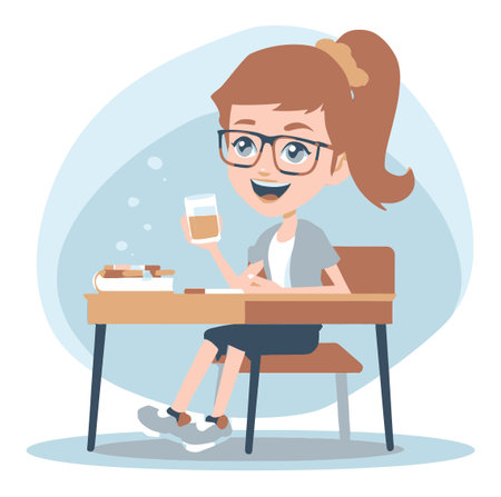 A cheerful young girl sits at her desk enjoying a drink, surrounded by books. This cartoon illustration captures the joy of study and creativity in a cozy setting.のイラスト素材