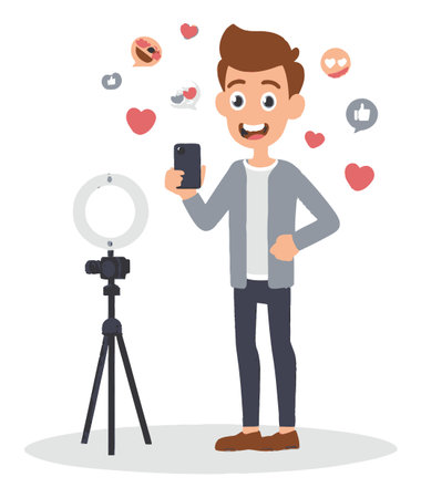 A happy young man poses for a selfie in front of a ring light, surrounded by social media icons like hearts and likes, capturing the excitement of content creation.のイラスト素材
