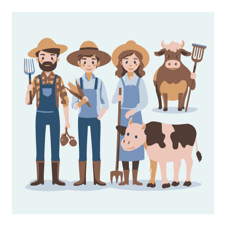 This vibrant vector illustration features a group of cheerful farmers with animals, showcasing rural life and farming activities in a cartoon style.のイラスト素材