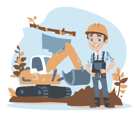 This detailed vector cartoon illustration features a cheerful worker in a hard hat beside an excavator, set in a construction landscape with trees and dirt. Perfect for construction themes.のイラスト素材