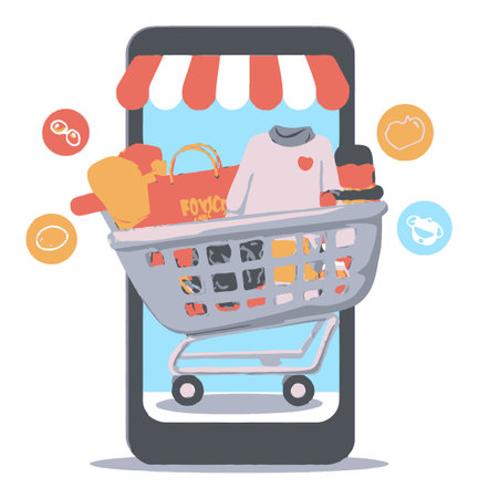 A vibrant vector illustration depicting online shopping with a cart full of items emerging from a smartphone, showcasing modern retail convenience.のイラスト素材