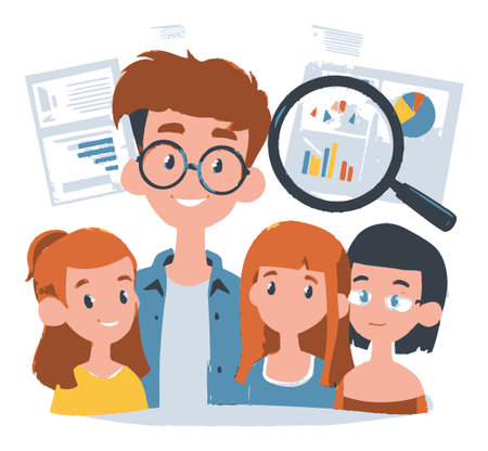 A vibrant cartoon illustration featuring a group of four characters analyzing data trends with graphs and charts, promoting teamwork and collaboration in a modern office setting.のイラスト素材