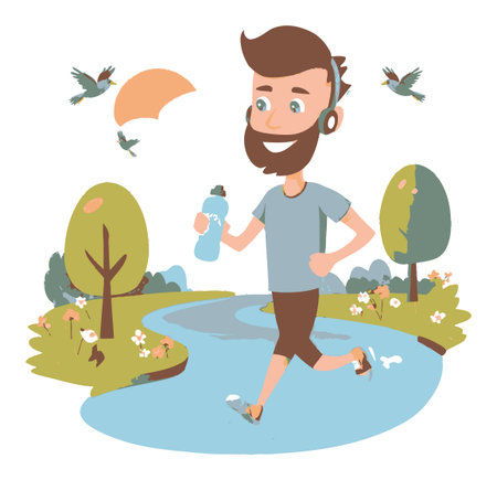 Cheerful young man enjoys jogging by a river, surrounded by trees and birds. Ideal for promoting fitness and outdoor activities in a colorful cartoon style.のイラスト素材