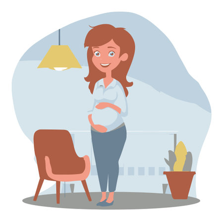 A cheerful cartoon illustration of a happy pregnant woman standing in a cozy living room. The artwork captures the joy of motherhood in a stylish indoor setting.のイラスト素材