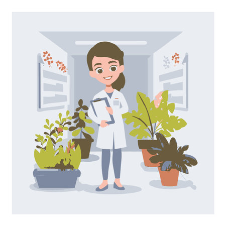 This cartoon illustration features a female scientist with a clipboard in a greenhouse surrounded by a variety of vibrant plants. Ideal for educational or botanical themes.のイラスト素材
