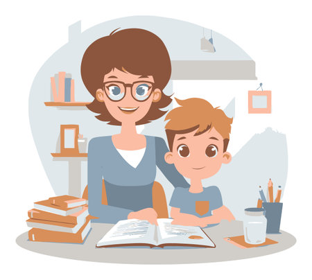 A heartwarming illustration of a mother and her son happily reading together in a cozy home study area, surrounded by books and stationery.のイラスト素材