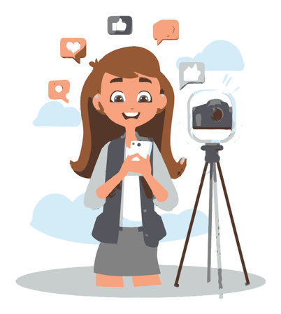 This vibrant vector illustration features a happy cartoon girl taking a selfie with her smartphone while surrounded by social media icons, embodying modern interaction and excitement.のイラスト素材