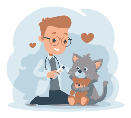 A cheerful young veterinarian lovingly cares for a playful cat and a teddy bear, showcasing a warm and friendly atmosphere in a cartoon style illustration.のイラスト素材