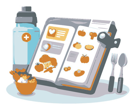 Discover a colorful cartoon-style illustration of a recipe book alongside a water bottle, promoting healthy meal planning and nutrition tools. Perfect for food enthusiasts!のイラスト素材