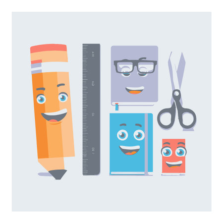 Cheerful cartoon style vector illustration of school supplies with smiling faces. Perfect for education themes, children's art projects, or fun classroom decorations.のイラスト素材