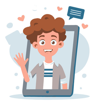 A cheerful cartoon boy waving from a tablet screen, set against a colorful background, representing modern communication and digital interaction with a playful and friendly vibe.のイラスト素材
