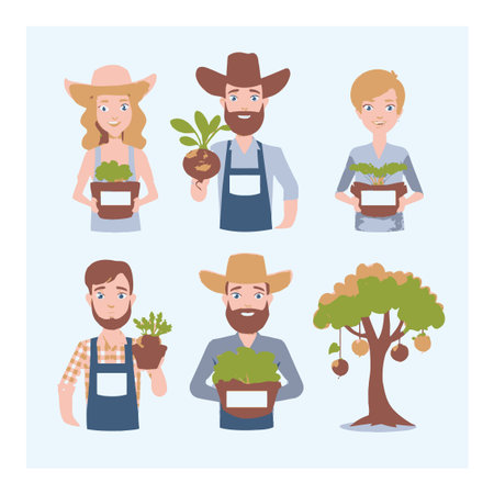 Vibrant vector cartoon illustrations depicting gardeners engaged in planting activities with pots, plants, and a fruit-laden tree, showcasing the joy of gardening.のイラスト素材