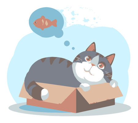 This charming vector illustration features a playful cartoon cat lying in a box, dreaming about a fish. The design exudes cuteness and whimsy, perfect for pet lovers.のイラスト素材