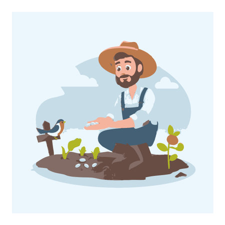 This cheerful vector cartoon depicts a farmer joyfully planting seeds in rich soil with a friendly bird nearby, capturing the essence of agriculture and growth.のイラスト素材
