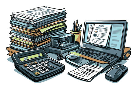 A vibrant vector illustration showcasing an office workspace with stacked papers, a laptop, a calculator, and various stationery tools, representing productivity and organization.のイラスト素材