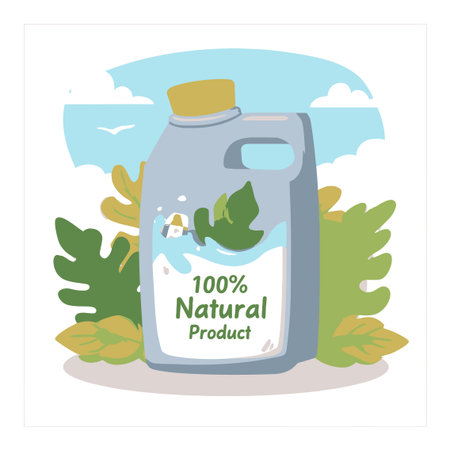 This colorful vector illustration features a cartoon bottle labeled "100% Natural Product," surrounded by lush green leaves, representing eco-friendly and organic choices.のイラスト素材