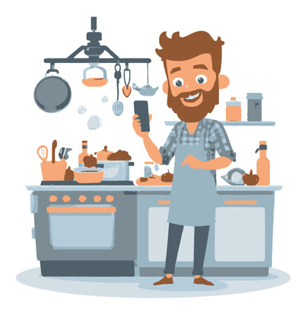 A cheerful cartoon man in an apron takes a selfie in a cozy kitchen. The playful design showcases cooking utensils, ingredients, and a warm atmosphere, perfect for food-related themes.のイラスト素材