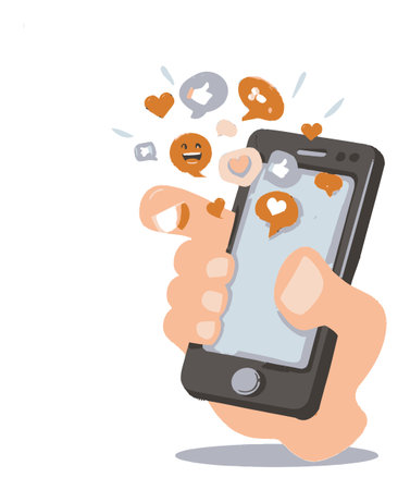 A vibrant cartoon illustration featuring a hand holding a smartphone, surrounded by social media icons and emoticons to depict digital communication and interaction.のイラスト素材