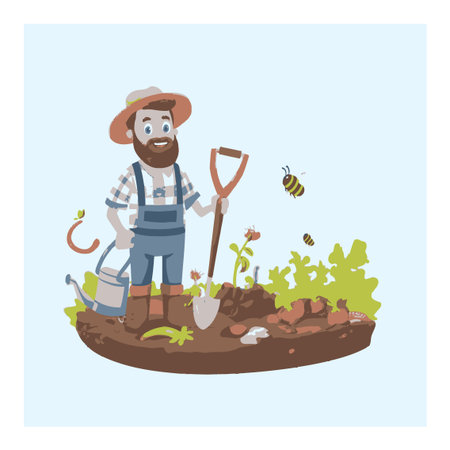 Engaging cartoon gardener character, happily working in a vibrant garden scene surrounded by plants and bees, showcasing a love for nature and cultivation.のイラスト素材