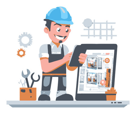 A cheerful cartoon worker in a blue helmet interacts with a tablet while managing construction tasks. Ideal for representing technology in the workplace.のイラスト素材
