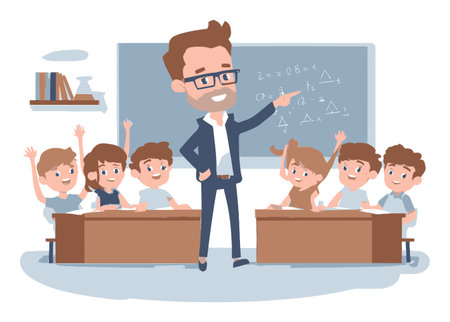 A vibrant cartoon illustration of a teacher engaging with students in a classroom setting, showcasing interaction and enthusiasm for learning and teaching.のイラスト素材